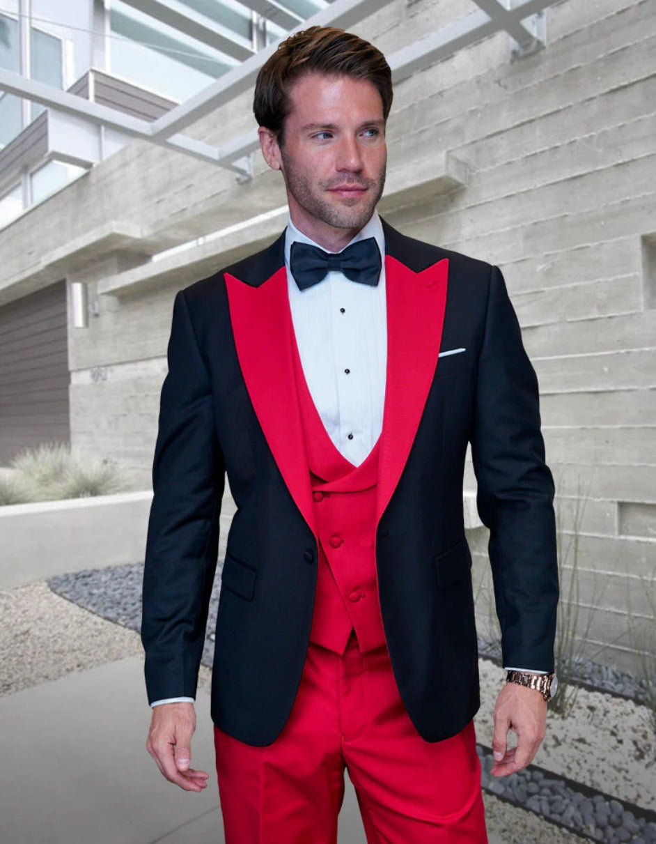 Statement Men's Black Vested with Red Peak Lapel 100% Wool Tuxedo - Men's Tuxedo USA – SuitUSA