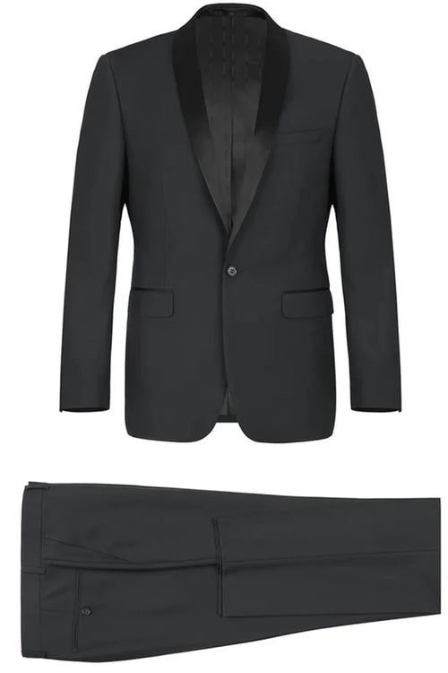Black Prom Tuxedo Suit - Black Wedding Suit - Mens Traditional Slim Fit Shawl Collar Tuxedo