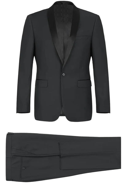 Black Prom Tuxedo Suit - Black Wedding Suit - Mens Traditional Slim Fit Shawl Collar Tuxedo