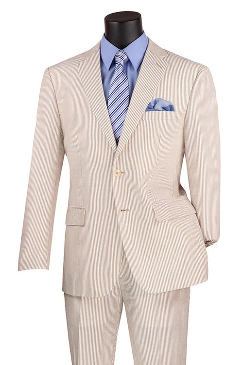 Mens 2PC Summer Seersucker Modern Fit Suit in Tan Pinstripe