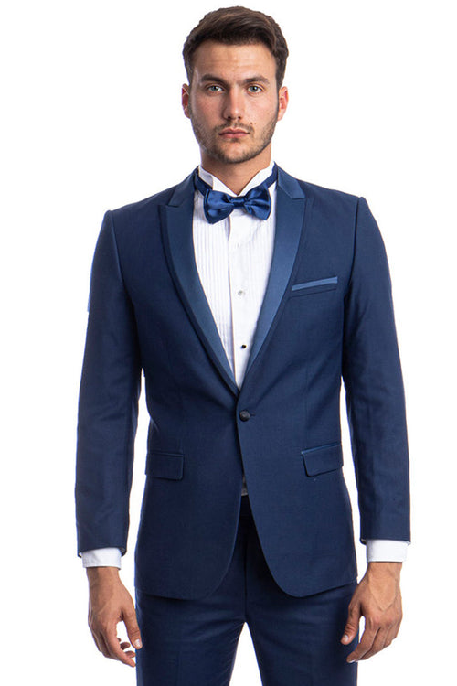 Men's Cobalt Blue Satin Trim Peak Lapel Tuxedo