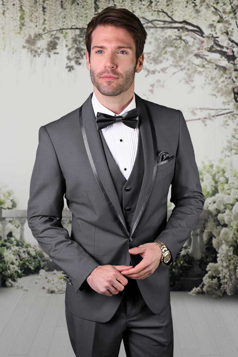 Men's Charcoal Grey Vested Satin-Trim Shawl Tuxedo for Prom & Weddings – SuitUSA