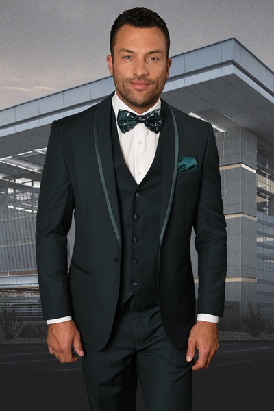 Men's Vested Satin Trim Shawl Tuxedo in Hunter Green