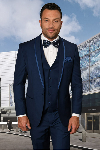 Men's Vested Satin Trim Shawl Tuxedo in Sapphire Blue