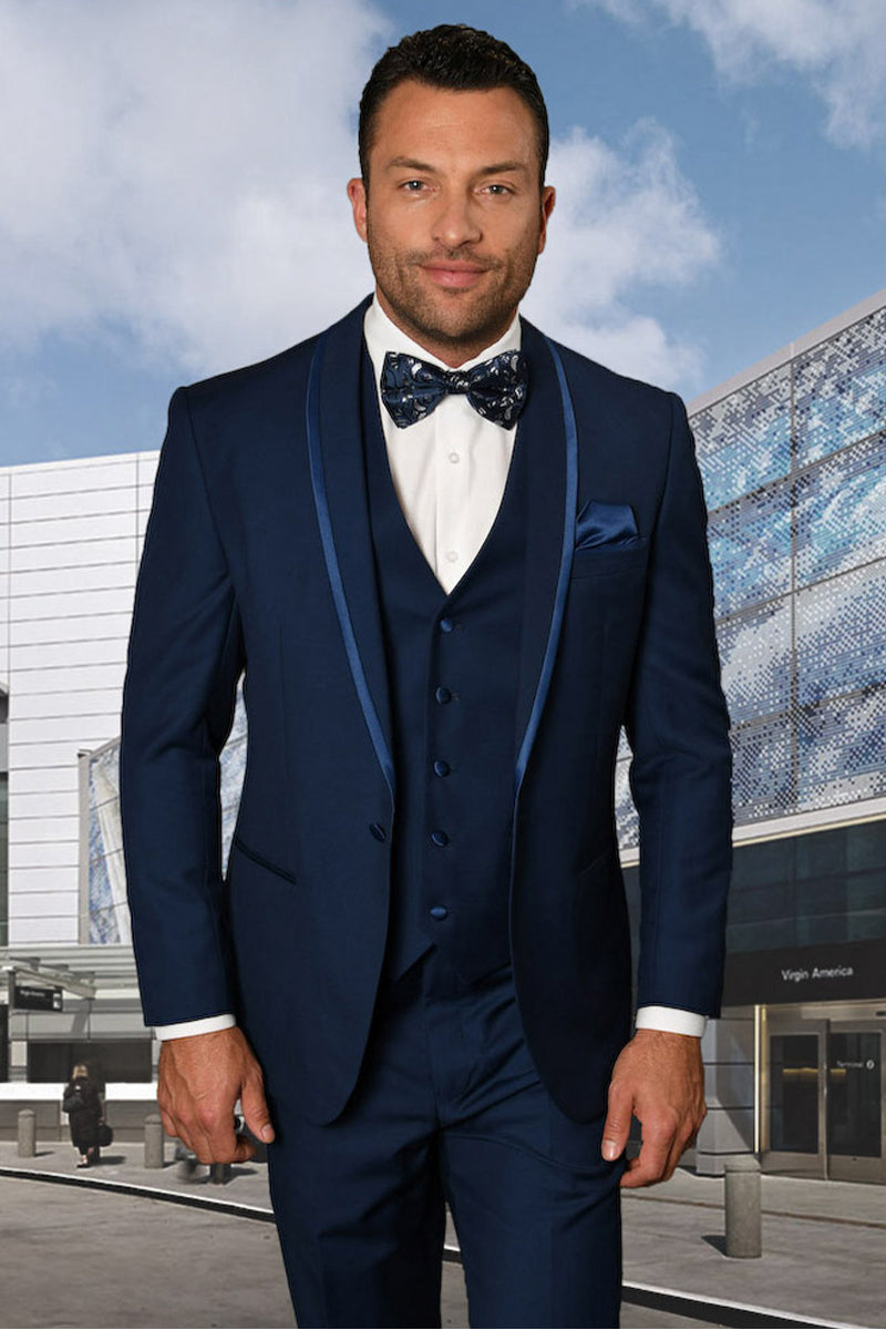 Men's Vested Satin Trim Shawl Tuxedo in Sapphire Blue