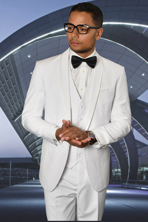 Men's Satin Trim Shawl Tuxedo in White by Statement Suits