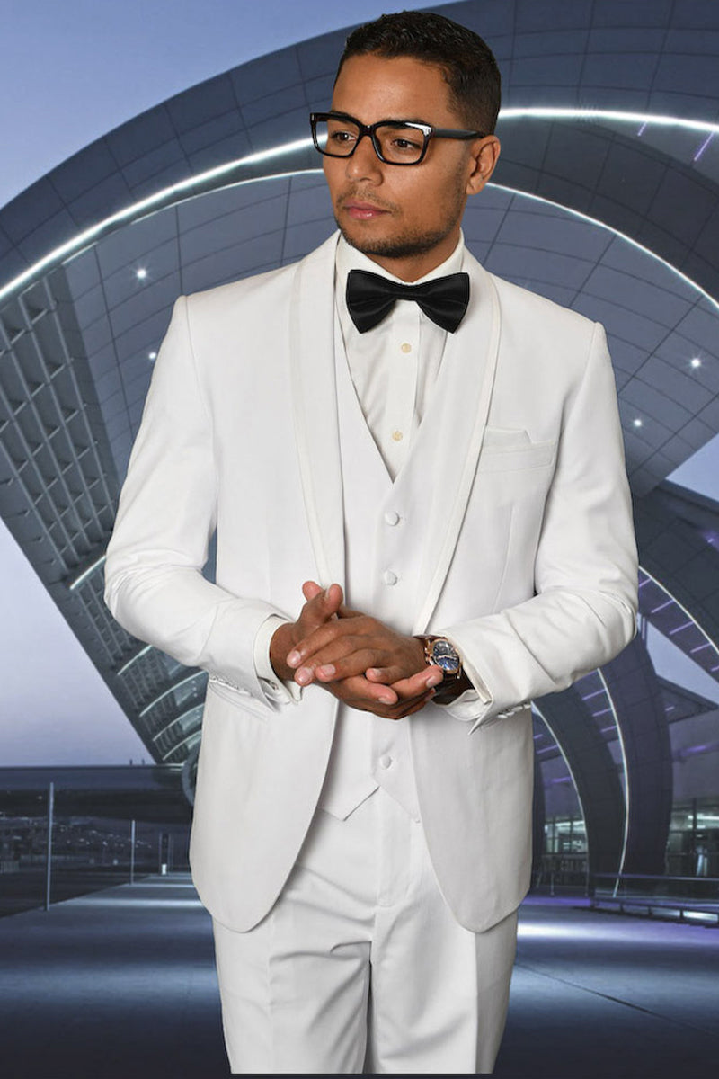 Men's Satin Trim Shawl Tuxedo in White by Statement Suits