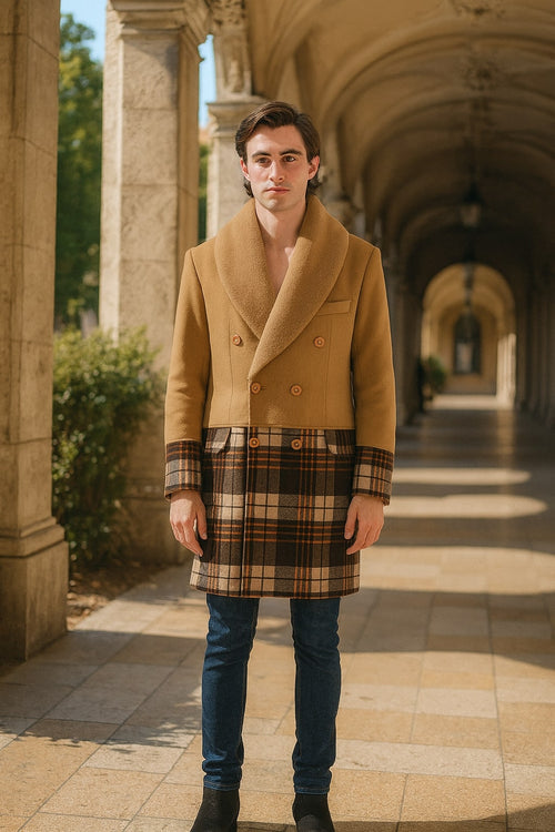 Mens Camel Brown Shawl Collar Overcoat with Plaid Wool Bottom - Double-Breasted Winter Topcoat With Fur Collar by USA Men's Outlet