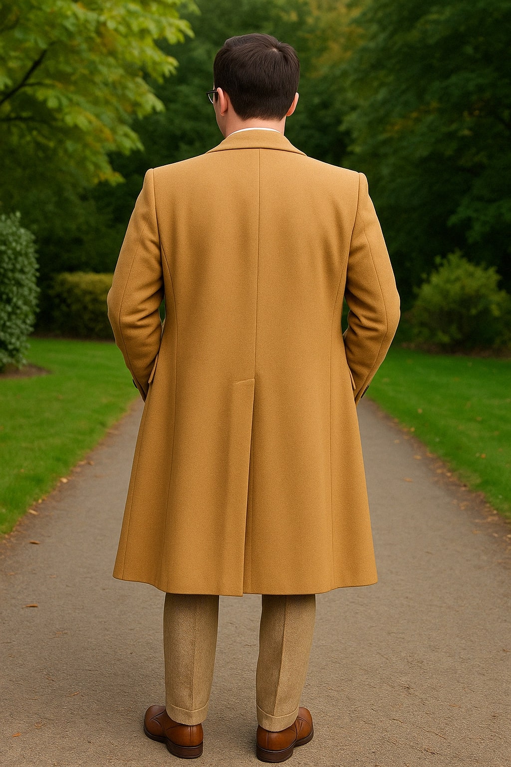 Great Gatsby Package - Mens Camel Overcoat with Beige Tweed 3-Piece Suit Combo 4 Items Formal Winter Outfit