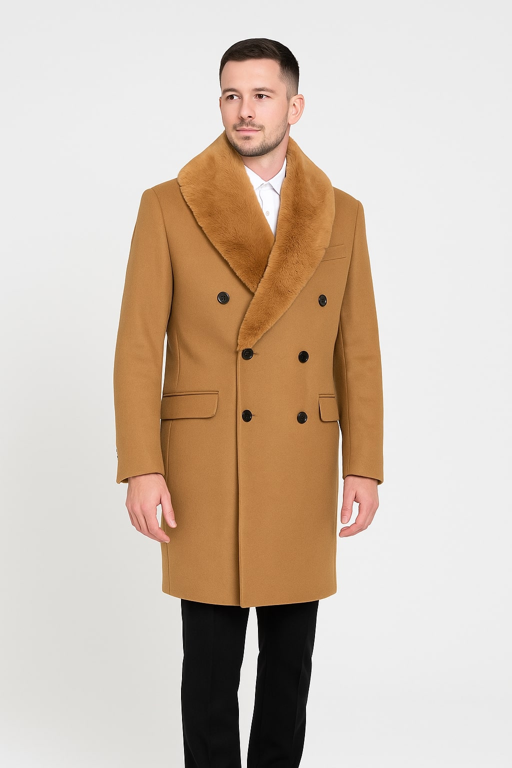 Mens Camel Wool Overcoat with Faux Fur Shawl Collar – Double-Breasted Winter Dress Coat – SuitUSA