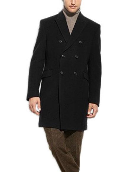 Men's Dress Coat Black Double Breasted 3/4 Length Wool Cashmere Blend Overcoat Top Coat by USA Men's Outlet