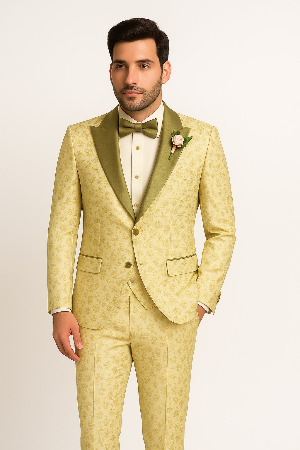 Champagne Gold Floral Tuxedo Suit for Men – Two-Piece Wedding Tux with