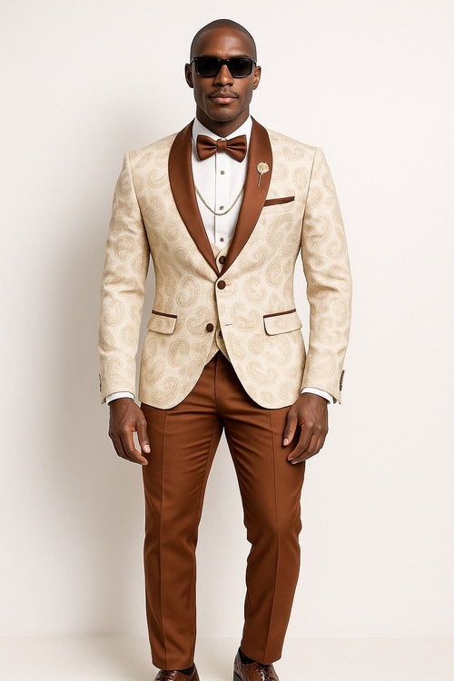 Mens Champagne Paisley Tuxedo with Brown Satin Lapel and Pants - Formal Wedding Suit with Chain Brooch USA Men's Outlet