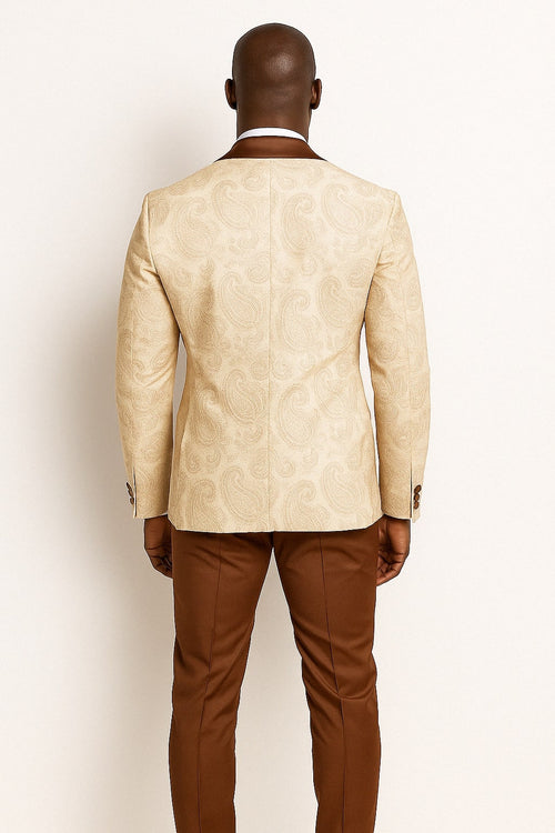 Mens Champagne Paisley Tuxedo with Brown Satin Lapel and Pants - Formal Wedding Suit with Chain Brooch USA Men's Outlet