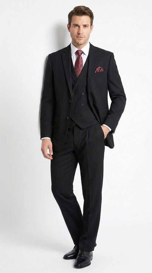 Men’s Black 2 Button Suit with Double Breasted Vest, Pleated Pant Formal Wedding Business Suit