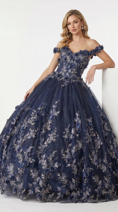Navy Blue Quinceanera Dress by Juliet, Floral Ball Gown Formal Sweet 15 Dress
