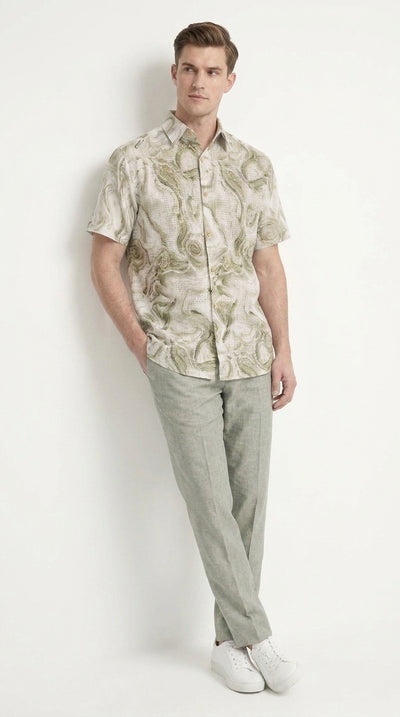 Men’s Sage Green Abstract Print Walking Suit Set, 2 Piece Short Sleeve Casual Shirt and Pants Outfit