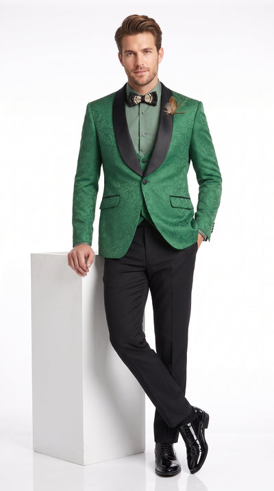 Men’s Emerald Green Jacquard 3 Piece Tuxedo Suit, Black Satin Shawl Lapel Formal Wedding Prom Suit