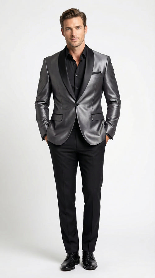 Men’s Shiny Charcoal Grey Blazer – Sharkskin Dinner Jacket Shawl Collar