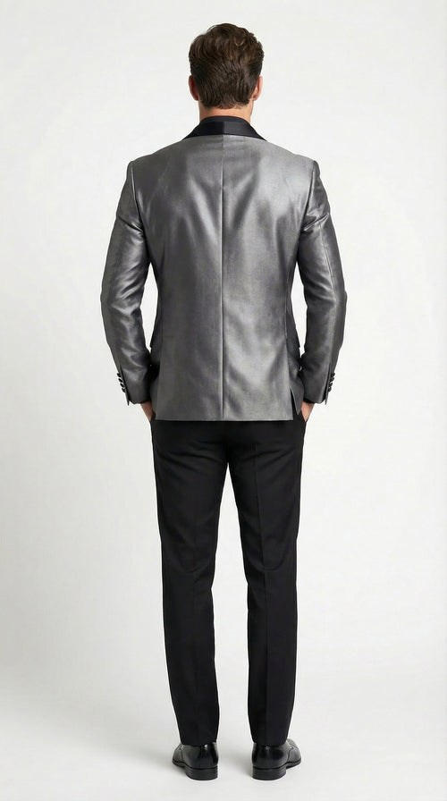 Men’s Shiny Charcoal Grey Blazer – Sharkskin Dinner Jacket Shawl Collar