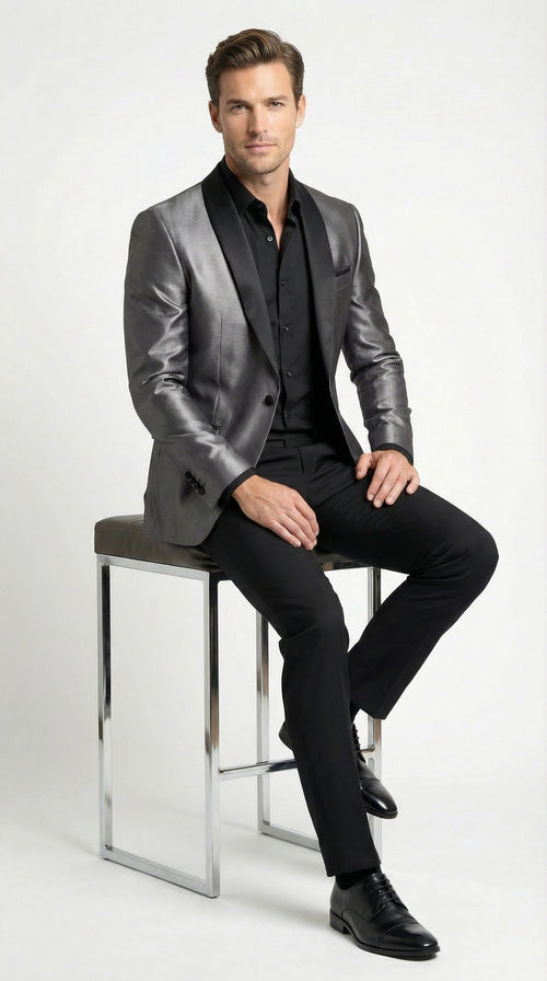 Men’s Shiny Charcoal Grey Blazer – Sharkskin Dinner Jacket Shawl Collar