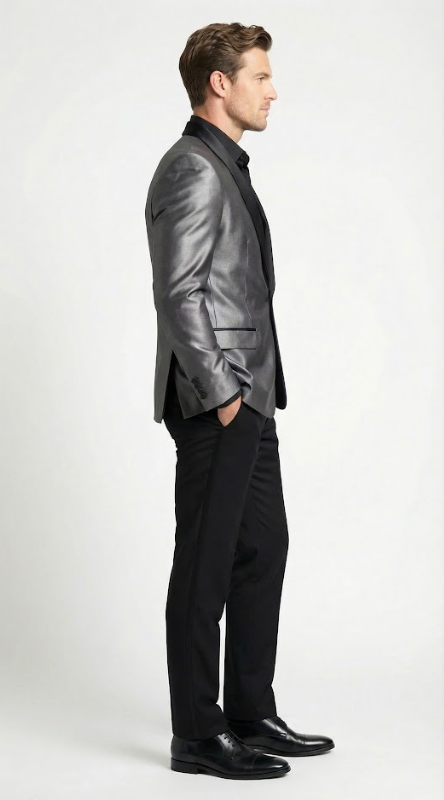 Men’s Shiny Charcoal Grey Blazer – Sharkskin Dinner Jacket Shawl Collar