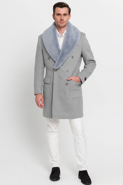 Men’s Light Grey Double Breasted Overcoat with Faux Fur Shawl Collar - Winter Luxury Coat Wool Fabric USA Men's Outlet