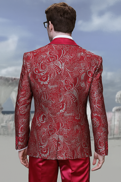 Men’s Red Paisley Brocade Prom Tuxedo with Vested Double Breasted Suit - Wedding Ready by USA Men's Outlet