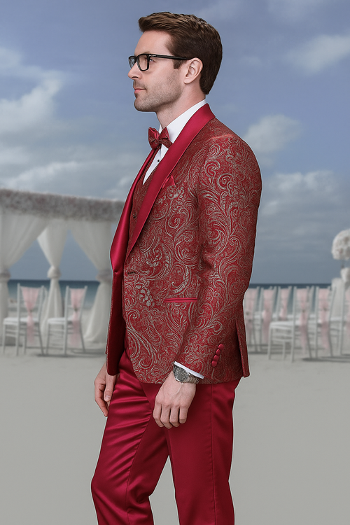 Men’s Red Paisley Brocade Prom Tuxedo with Vested Double Breasted Suit - Wedding Ready by USA Men's Outlet