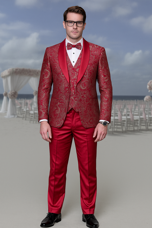 Men’s Red Paisley Brocade Prom Tuxedo with Vested Double Breasted Suit - Wedding Ready by USA Men's Outlet