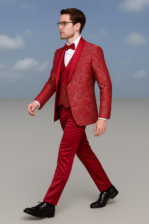 Men’s Red Paisley Brocade Prom Tuxedo with Vested Double Breasted Suit - Wedding Ready by USA Men's Outlet