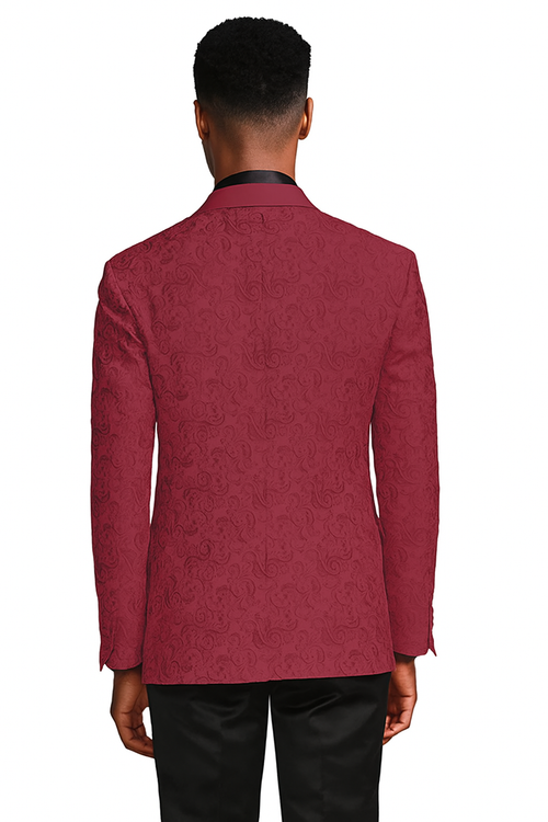 Burgundy paisley slim fit tuxedo jacket – men's wedding & prom blazer with satin shawl lapel