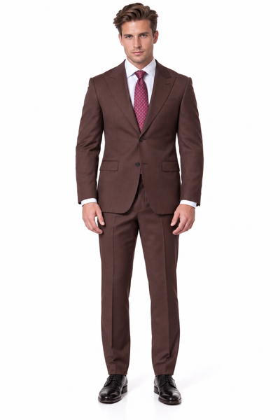Statement Men's Modern Fit 2 Piece 100% Super 200 Wool Suit Peak Lapel in Brown - image 2