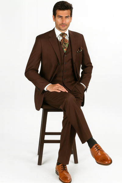 Mens Classic Fit 3 Button Vested Single Pleated Pant Suit in Chocolate Brown