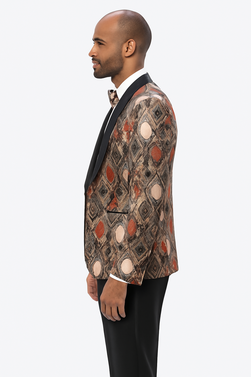 Men's Rust Geometric Pattern Tuxedo with Vest & Bowtie – One Button Formal Suit