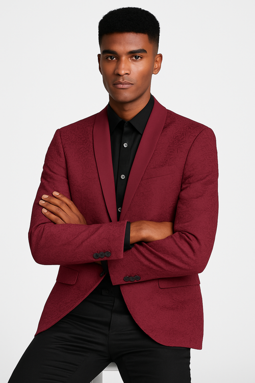 Burgundy paisley slim fit tuxedo jacket - men's wedding & prom blazer with satin shawl lapel by USA Men's Outlet
