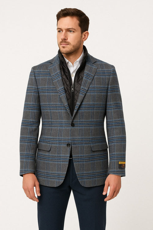 Men’s Blue & Grey Checkered Wool Blazer with Quilted Inner Layer - Alberto Nardoni Collection USA Men's Outlet