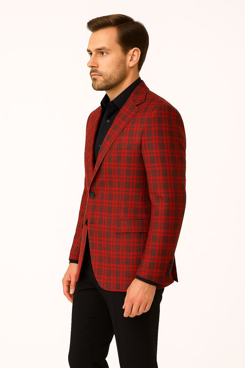 Mens Red Plaid Modern Fit Windowpane Check Blazer - Christmas Holiday Sport Coat Tartan Look