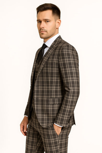 Men's Black and White Plaid Three-Piece Suit – Modern Slim Fit Tuxedo for Church and Business