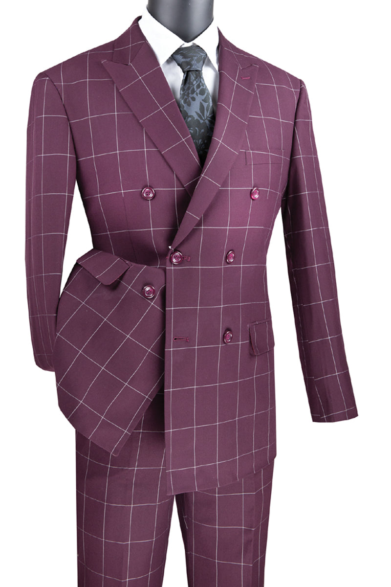 Mens Double Breasted Burgundy Suit in Bold Windowpane Plaid