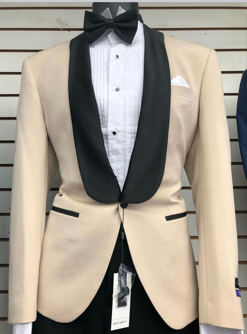 Mens Champagne Light Tan Tuxedo Jacket with Black Shawl Lapel – Classic One-Button Formal Dinner Jacket - Nude Color tuxedo