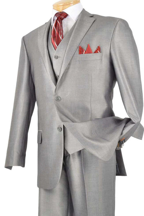 Mens Classic Vested Shiny Sharkskin Solid Suit in Grey