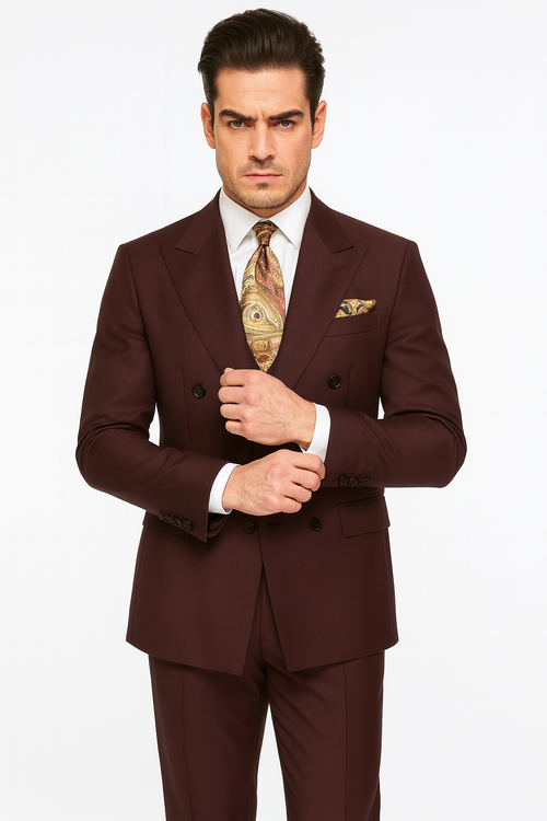 Double Breasted Suits - Vested Suits - Solid Brown Suit - Vested 3 Piece Modern Fit Suit