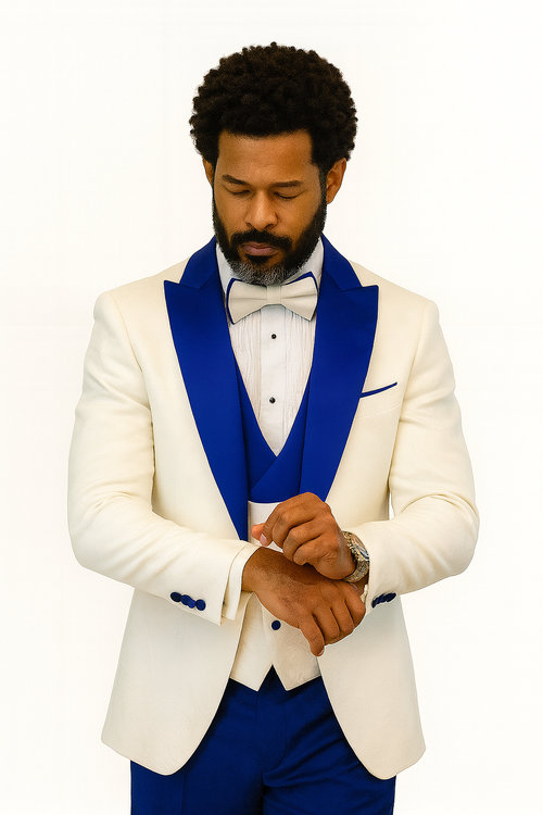 Hilton White and Royal Blue Paisley Peak Lapel Tuxedo Jacket with Matching Shawl Vest and Wool Pants - Includes Bow Tie by USA Men's Outlet