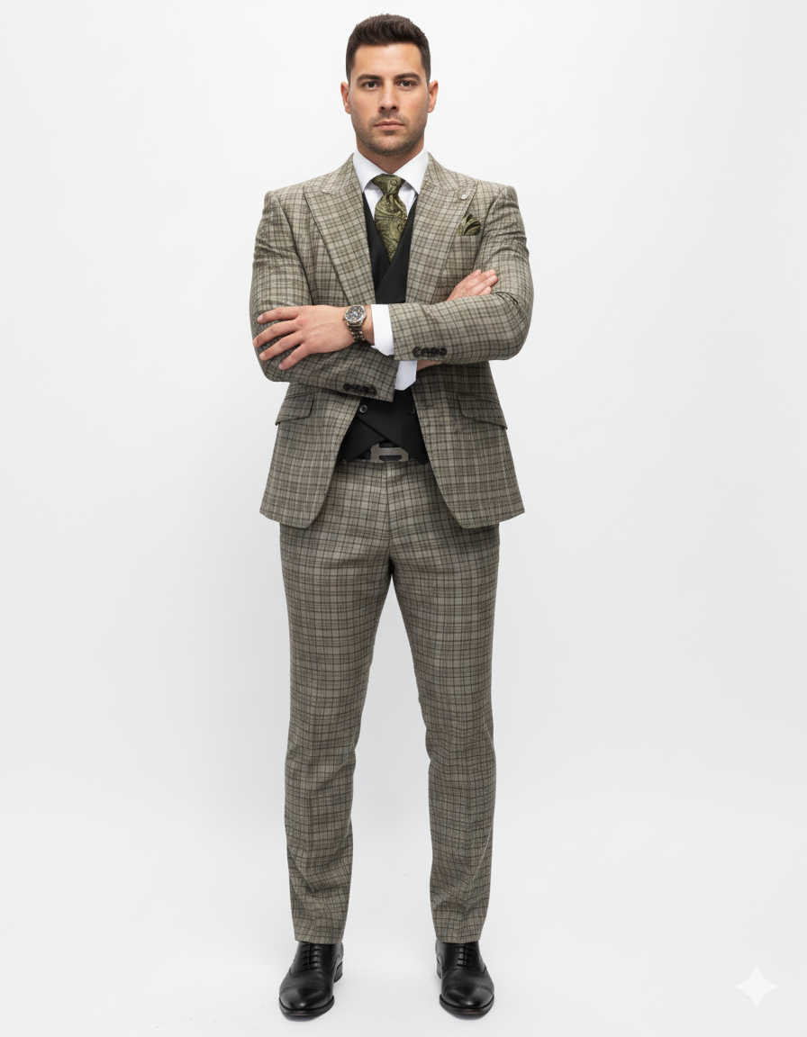 Statement Suits - Wool Suits - Peak Lapel Suits - Ticket Pocket - Modern Fit - Olive Suit by Men's Tuxedo USA