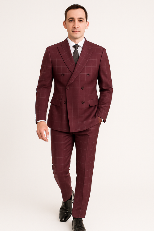 Naples Collection - Blue Modern Fit Double Breasted Windowpane Peak Lapel 2 Piece Suit by Vinci