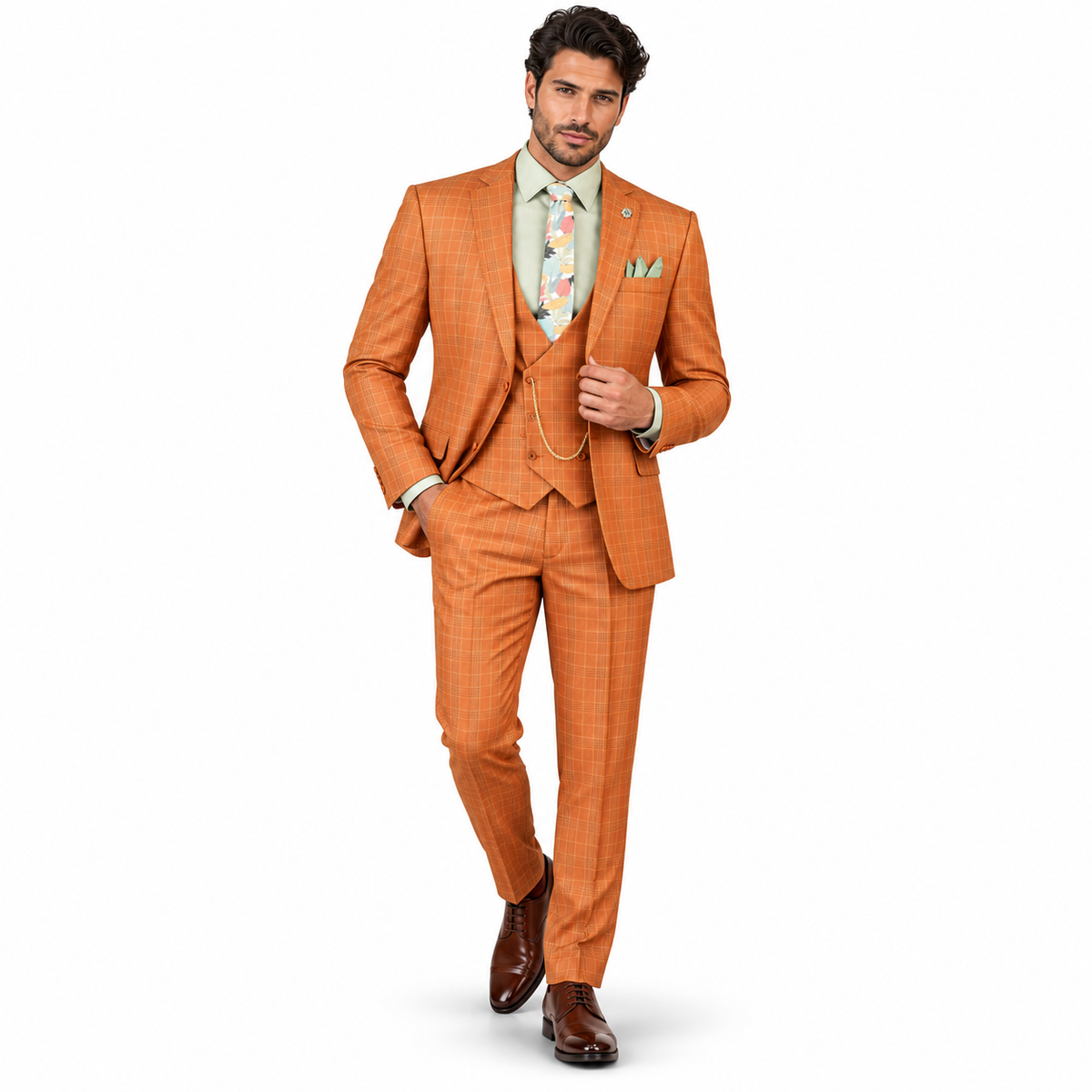 Men’s Classic Fit Glen Plaid 3 Piece Suit with Adjustable Waistband - Rust