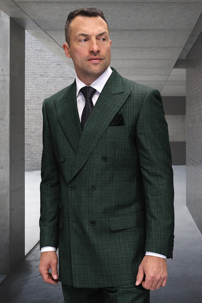 Men's Designer Classic Fit Double Breasted Wool Suit in Hunter Green Plaid by Statement