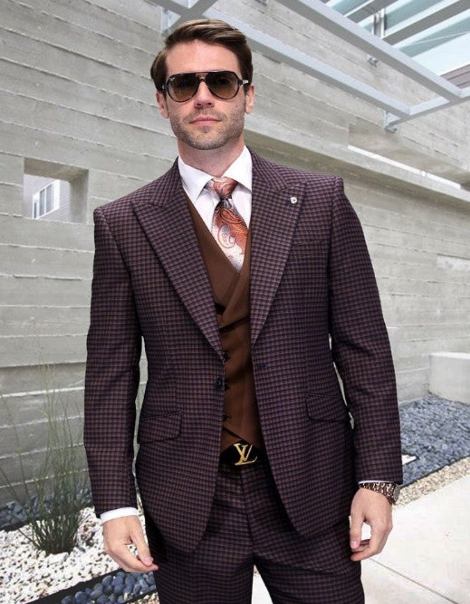 Brown Plaid Suit - Copper - Orange - Rust Color Double Breasted Vest Windowpane Pattern Suit - Wool Suit - Peak Lapel Side Vented Modern Fit - Men's Tuxedo USA – SuitUSA