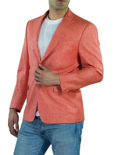 Alberto Nardoni Brand Men's One Ticket Pocket Salmon ~ Coral color Thread & Stitch 100% Linen Blazer mensusa